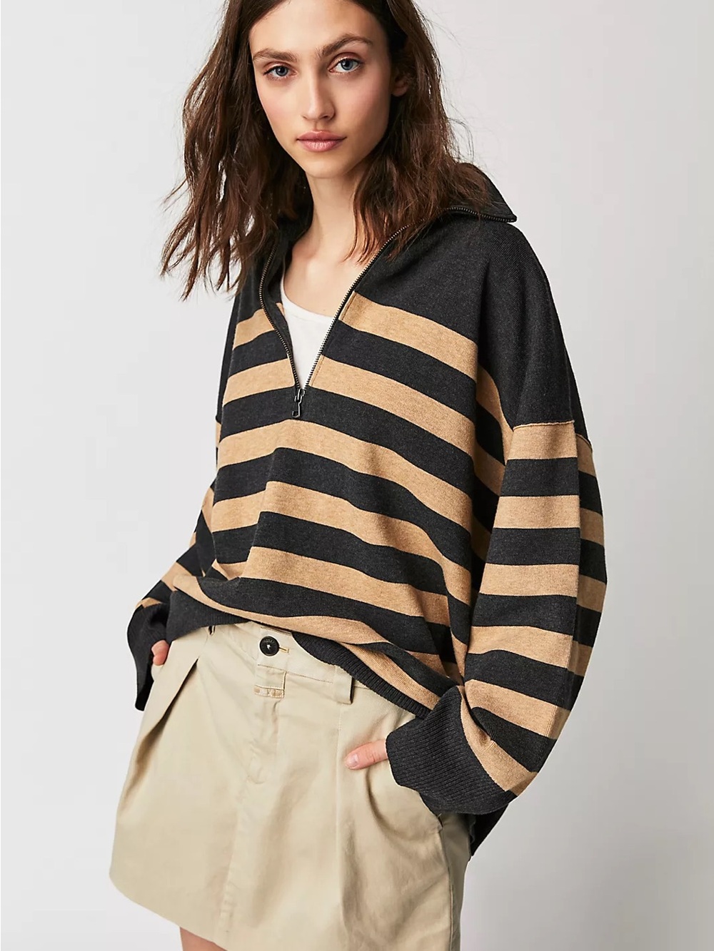 Free People Coastal Stripe Half-Zip Pullover Sweater size S preppy 90s fall chic